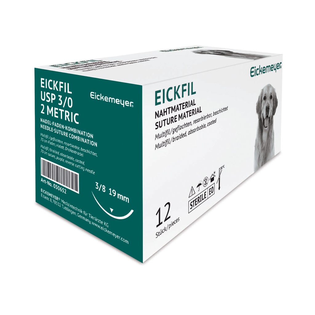 EICKFIL Suture material, absorbable, synth., surgical needle triangular 19mm, 3/0(2) 70cm